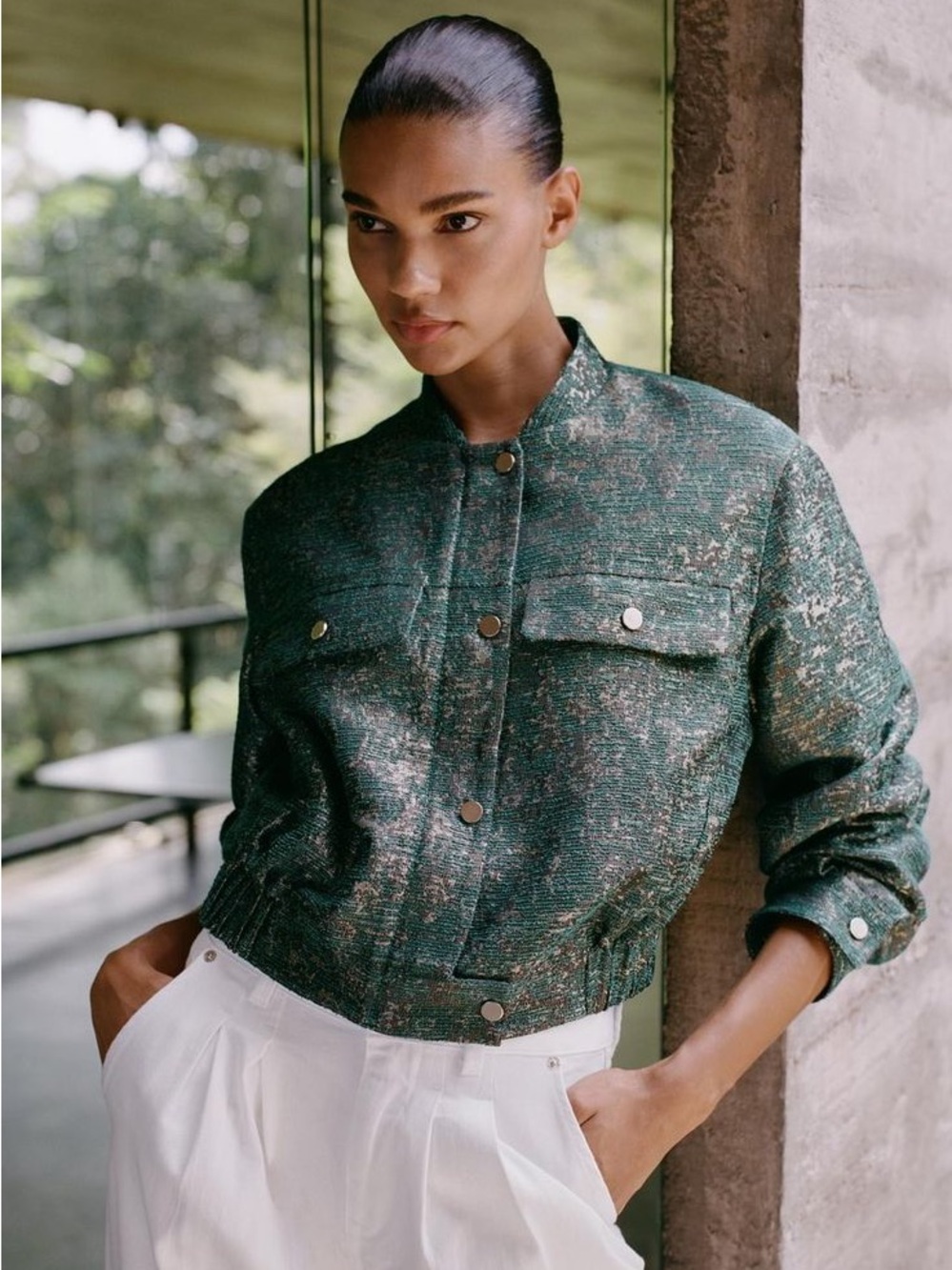 Zara Teal Green Metallic-Thread Bomber Jacket